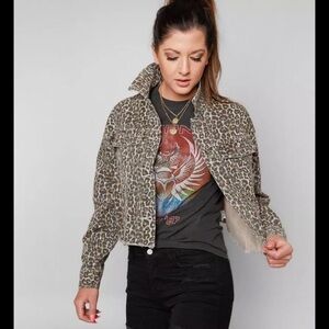 Free People Leopard Print Crop Cutoff Denim Jacket In Neutral Combo